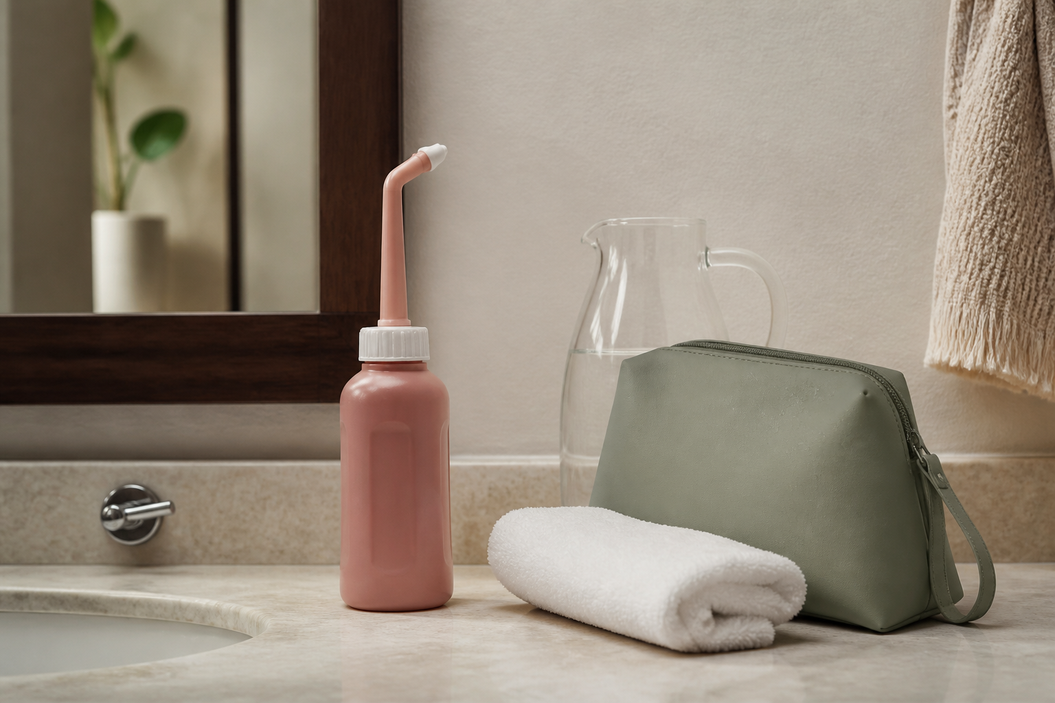 La botella y el estuche en el lavabo, junto a una jarra de agua tibia