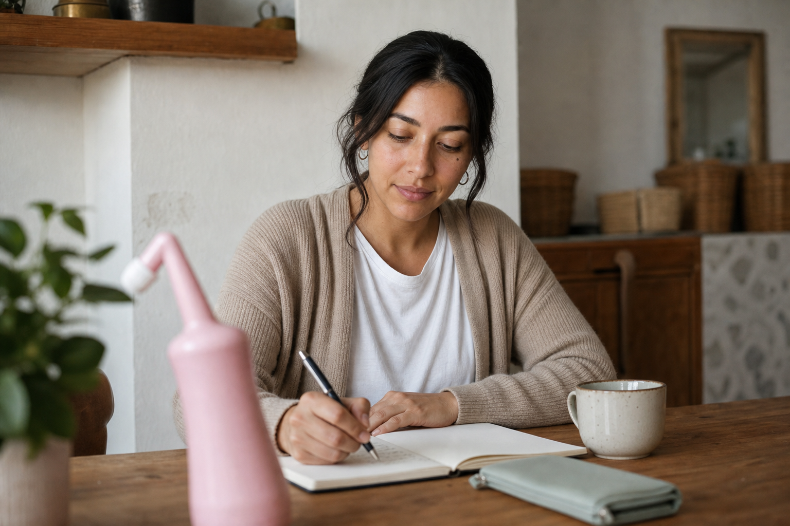 Regina escribe su diario en la mesa de la cocina, con la botella en primer plano