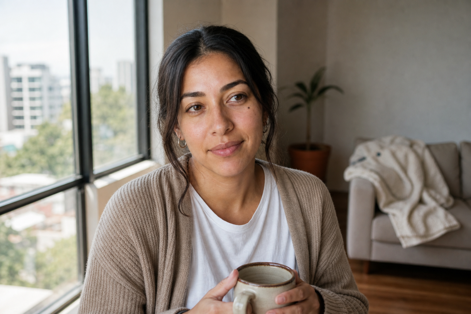 Regina, mamá primeriza en Zapopan, junto a la ventana de su casa una mañana de septiembre