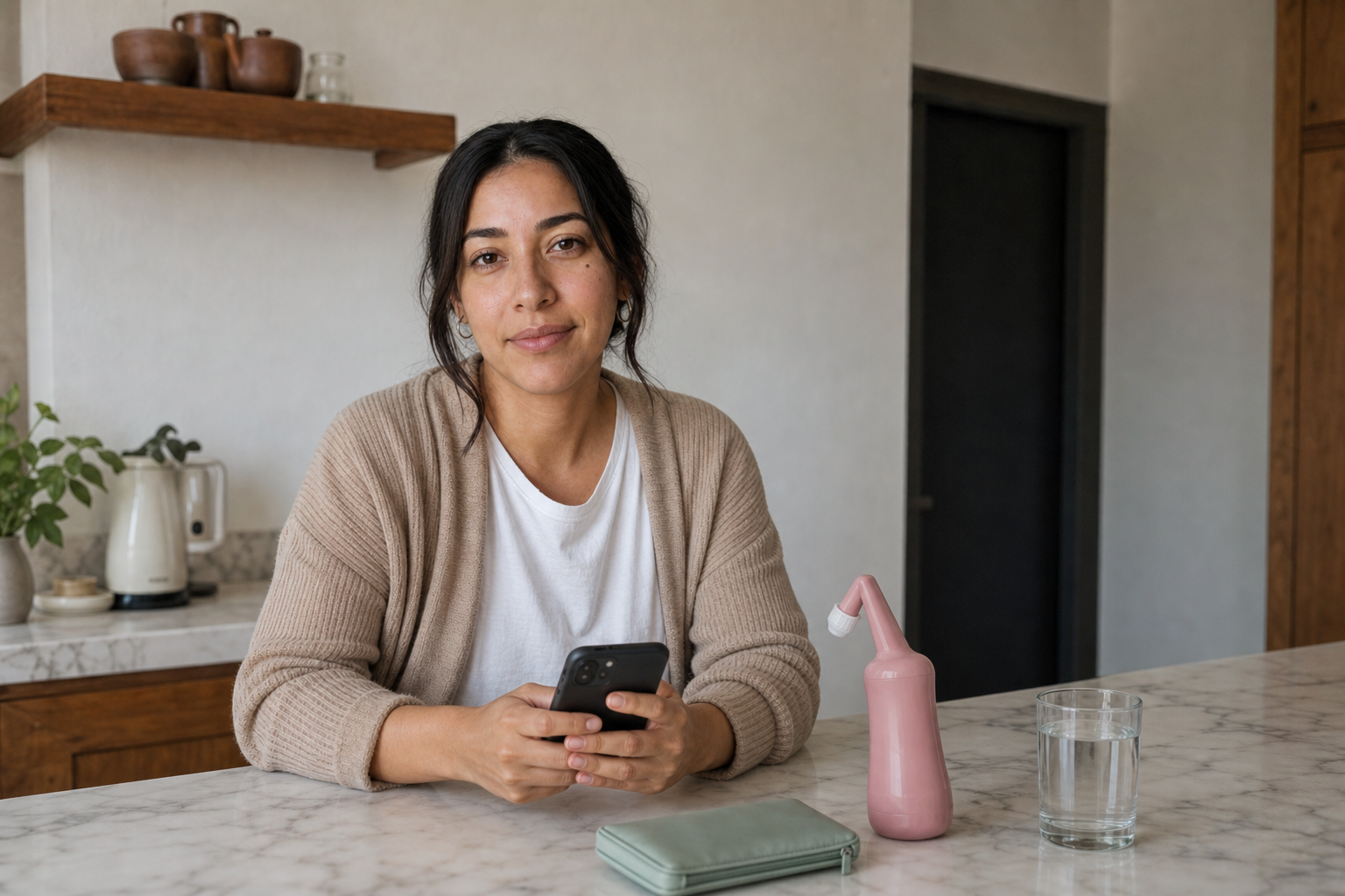 Regina envía a su hermana el nombre de la botella, con el producto sobre la barra de la cocina