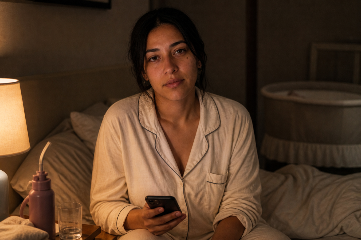 Regina, la primera noche en casa, sentada al borde de la cama con el teléfono