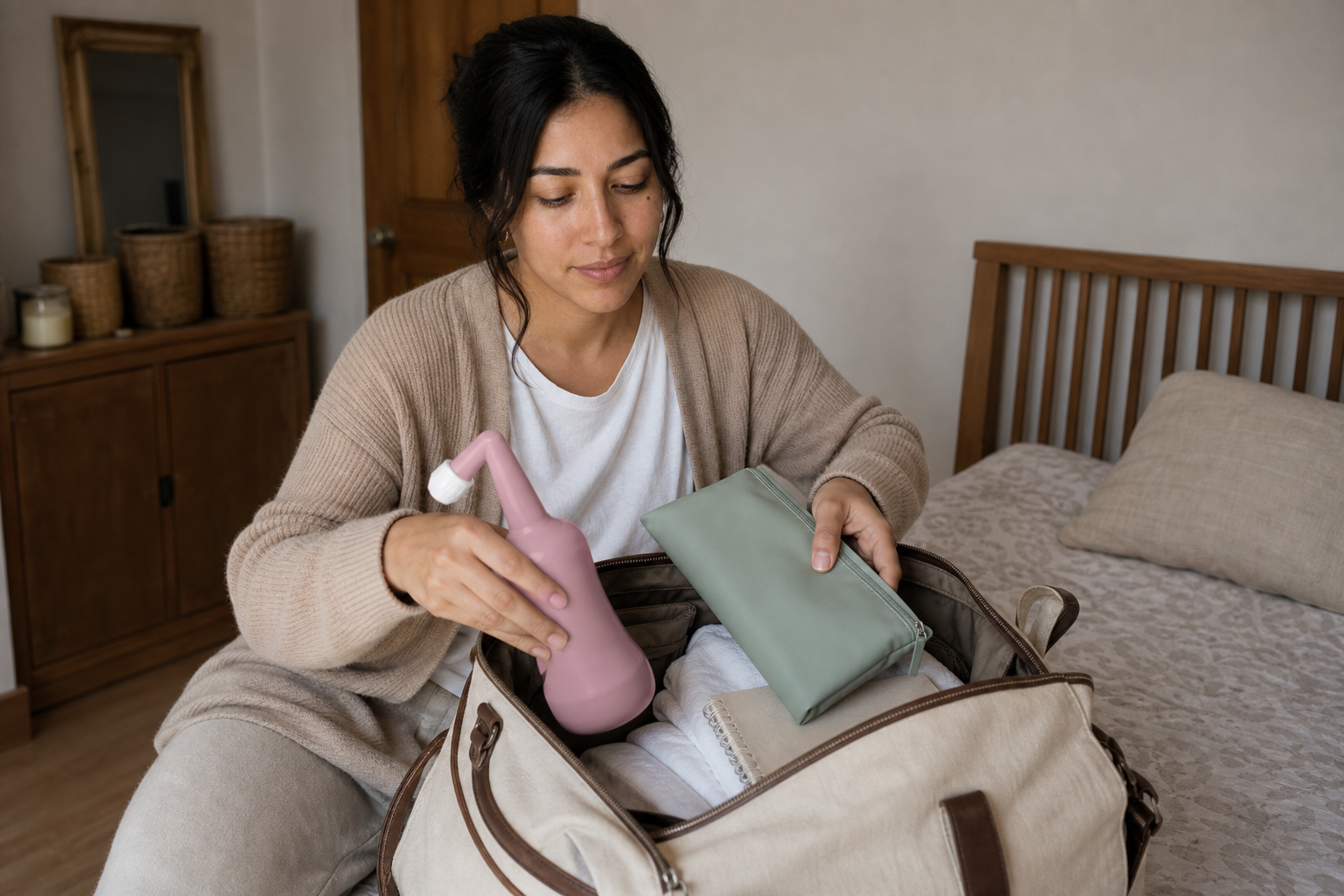 Regina empaca en su maleta del hospital la botella invertida y el estuche impermeable