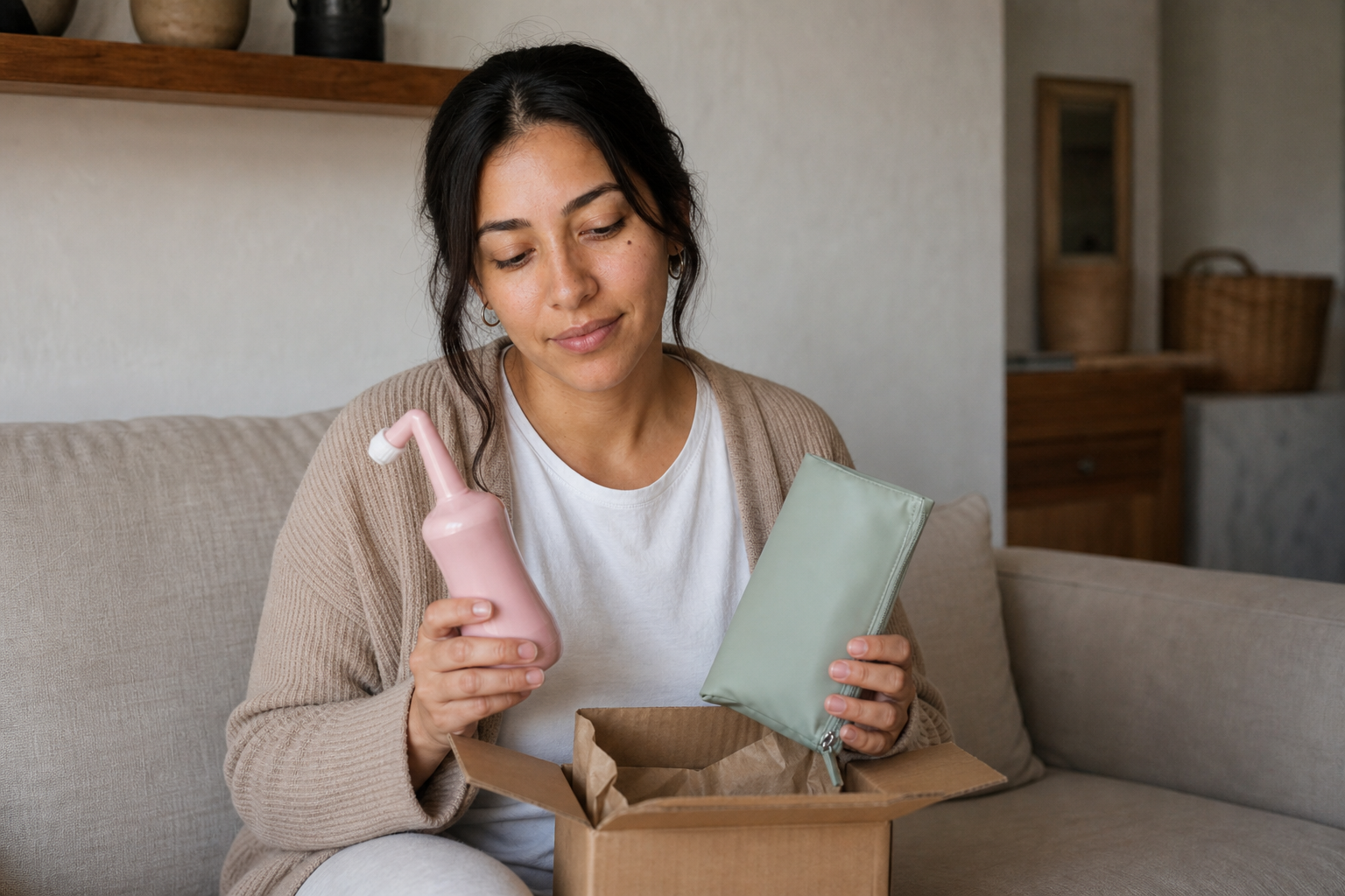 Regina abre el paquete en el sofá: la botella rosa y el estuche impermeable